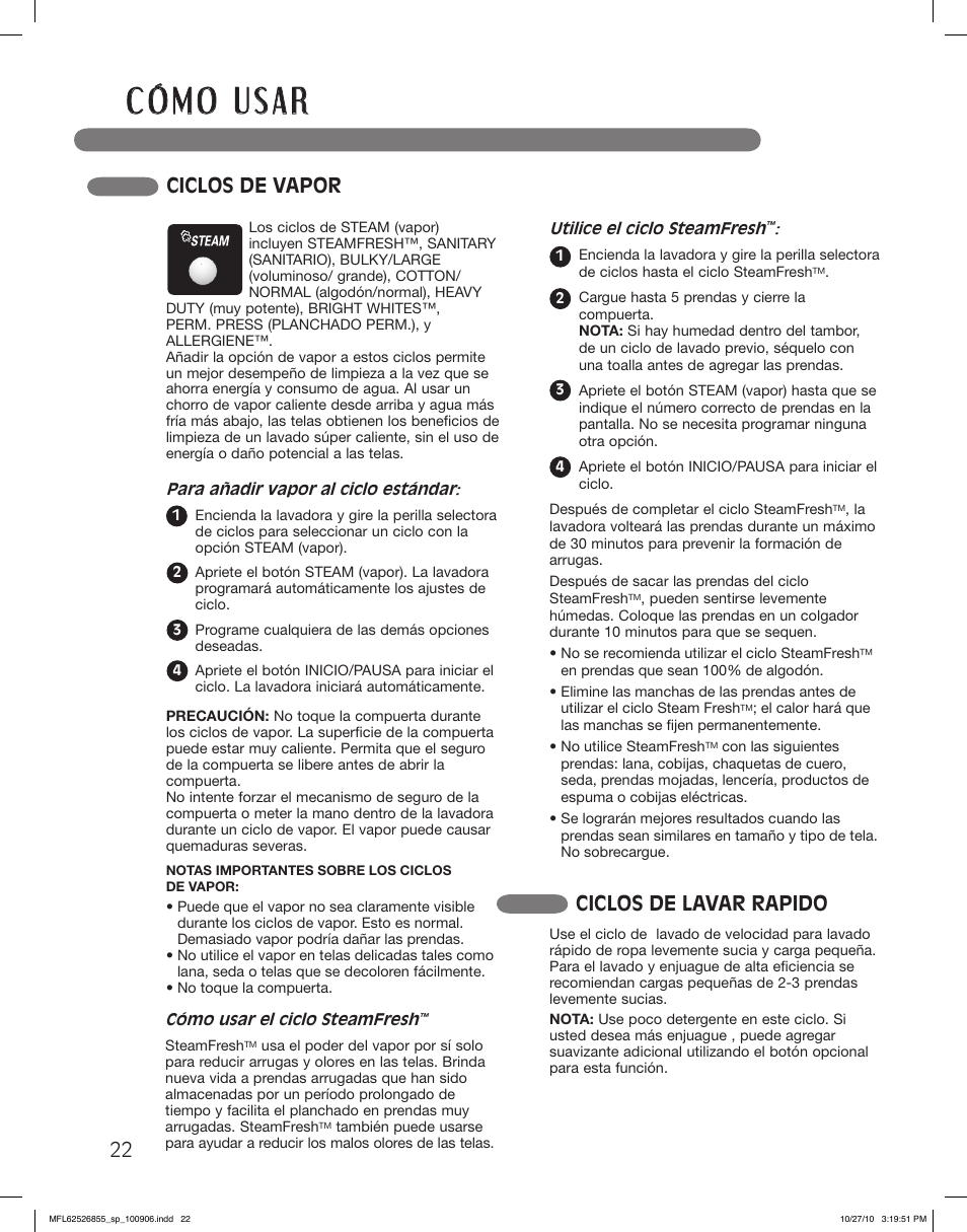 Ciclos de vapor ciclos de lavar rapido | LG WM3360HRCA User Manual | Page 58 / 108