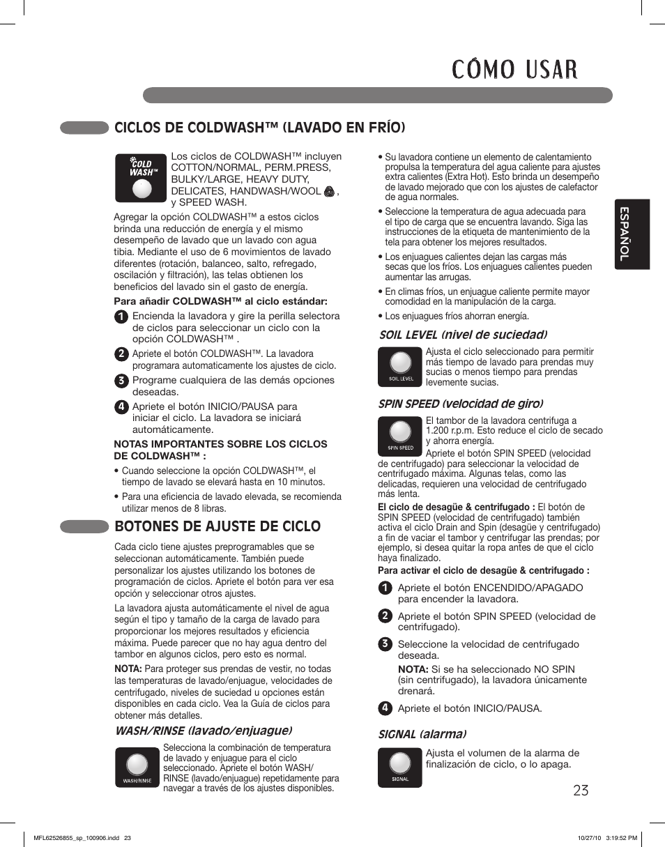 Botones de ajuste de ciclo, Ciclos de lavar rapido, Ciclos de coldwash™ (lavado en frío) | LG WM3360HRCA User Manual | Page 59 / 108