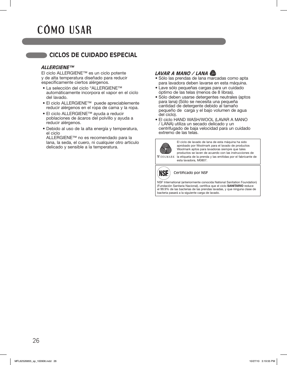 Ciclos de cuidado especial | LG WM3360HRCA User Manual | Page 62 / 108