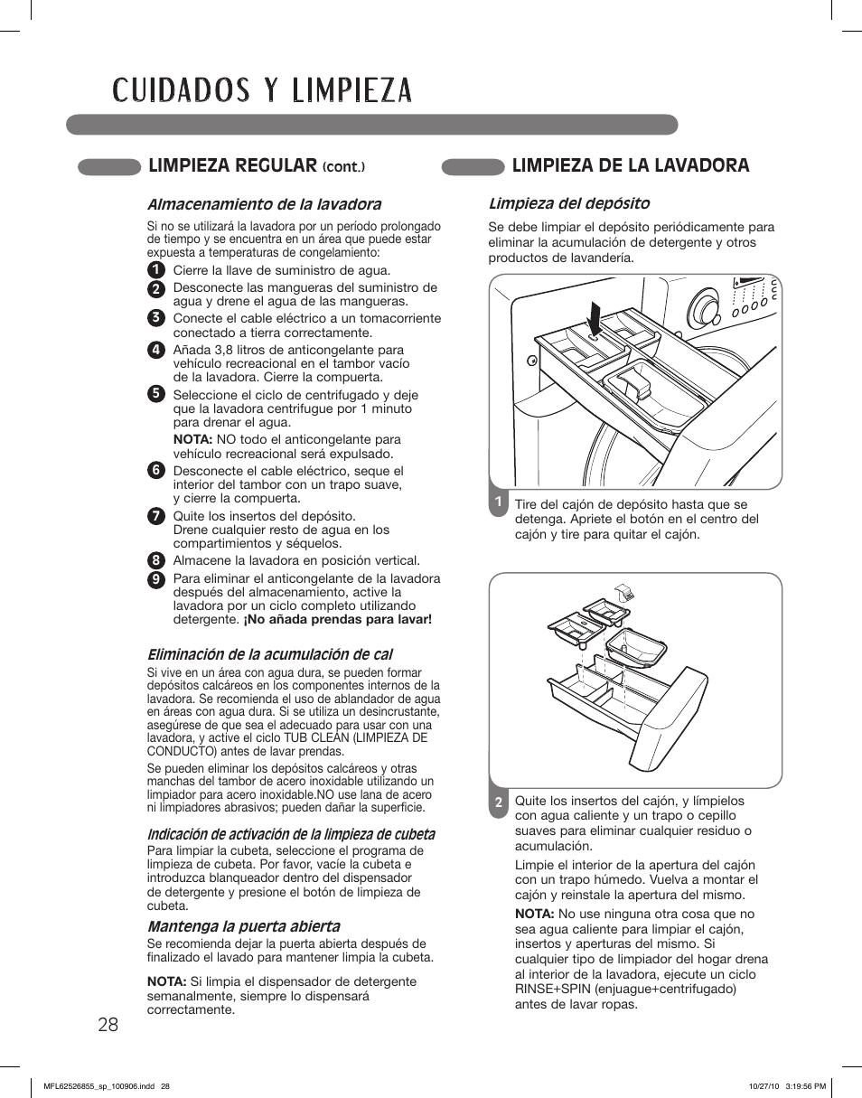 Limpieza regular, Limpieza de la lavadora | LG WM3360HRCA User Manual | Page 64 / 108