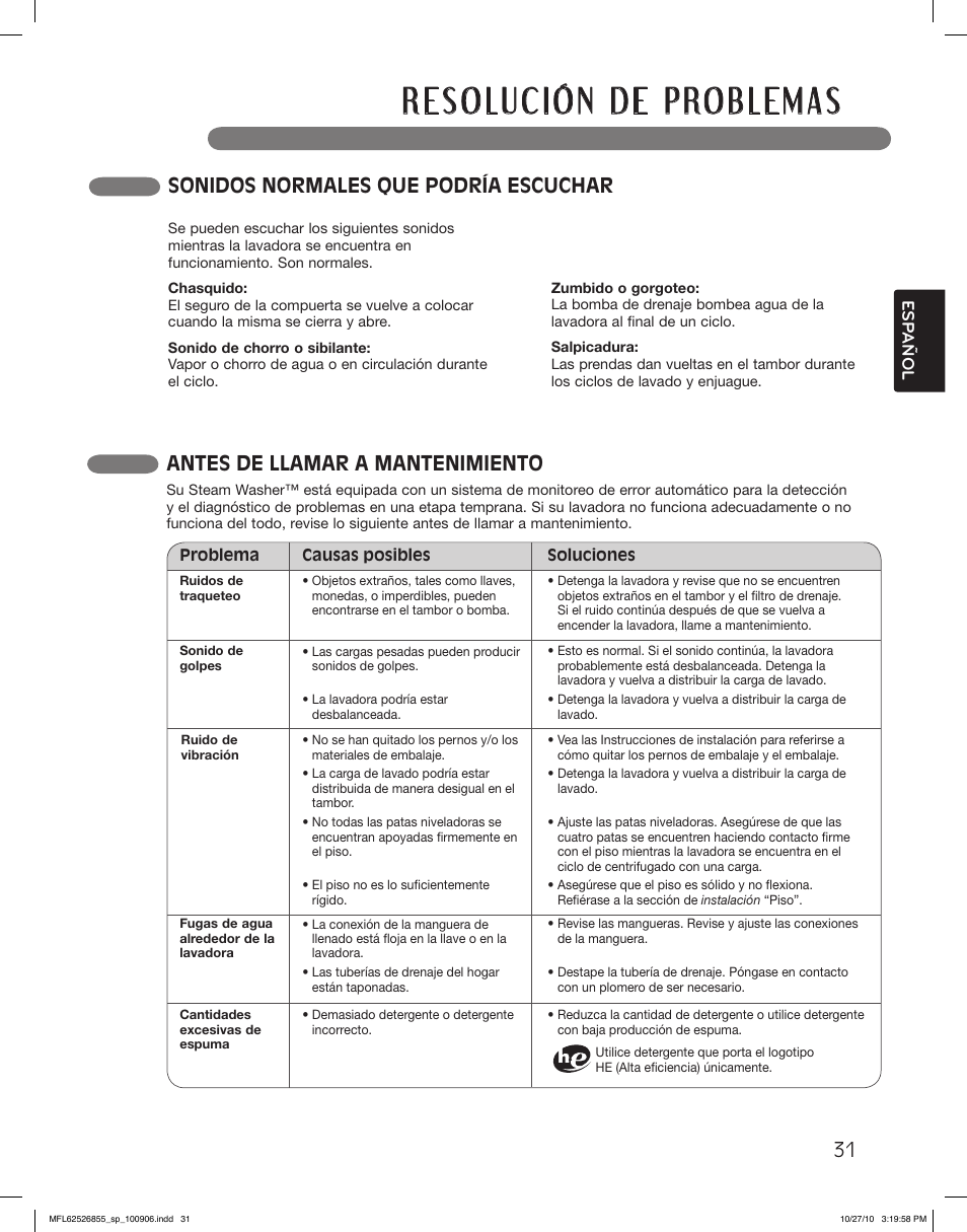 Sonidos normales que podría escuchar, Antes de llamar a mantenimiento | LG WM3360HRCA User Manual | Page 67 / 108