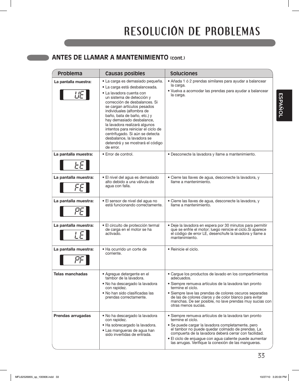 Antes de llamar a mantenimiento, Esp añol | LG WM3360HRCA User Manual | Page 69 / 108