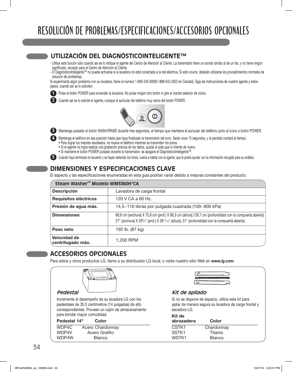 Accesorios opcionales, Dimensiones y especificaciones clave, Utilización del diagnósticointeligente | LG WM3360HRCA User Manual | Page 70 / 108