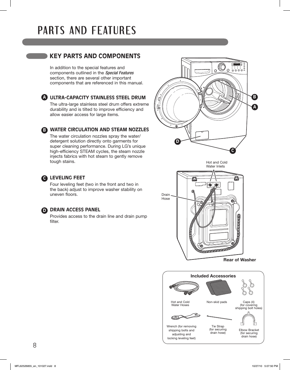 Key parts and components | LG WM3360HRCA User Manual | Page 8 / 108