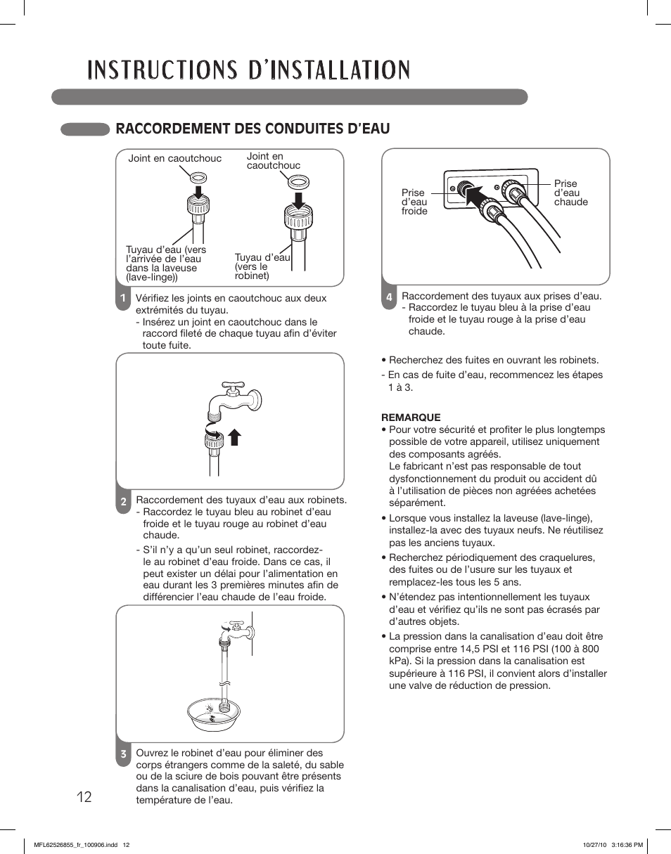 Raccordement des conduites d’eau | LG WM3360HRCA User Manual | Page 84 / 108