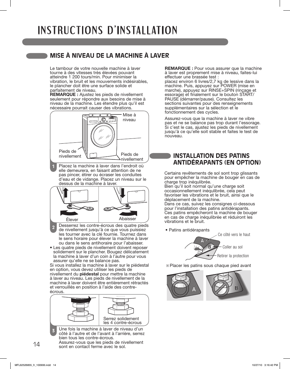 Mise à niveau de la machine à laver, Installation des patins antidérapants (en option) | LG WM3360HRCA User Manual | Page 86 / 108