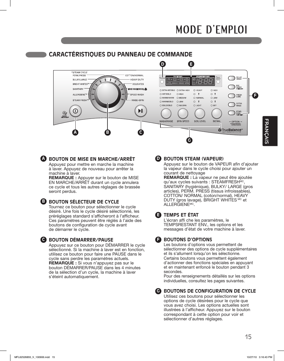 Caractéristiques du panneau de commande | LG WM3360HRCA User Manual | Page 87 / 108