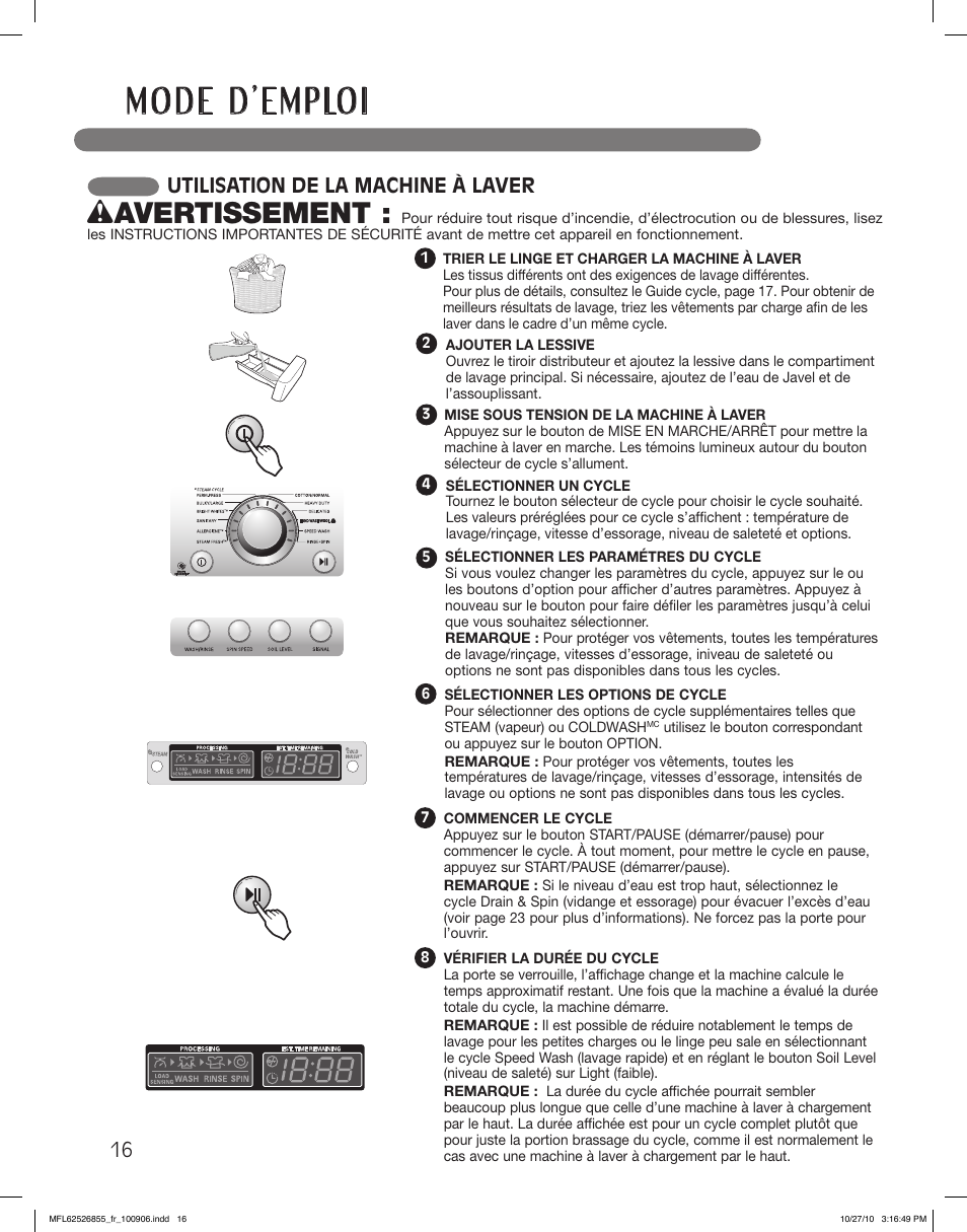 Wavertissement, Utilisation de la machine à laver | LG WM3360HRCA User Manual | Page 88 / 108