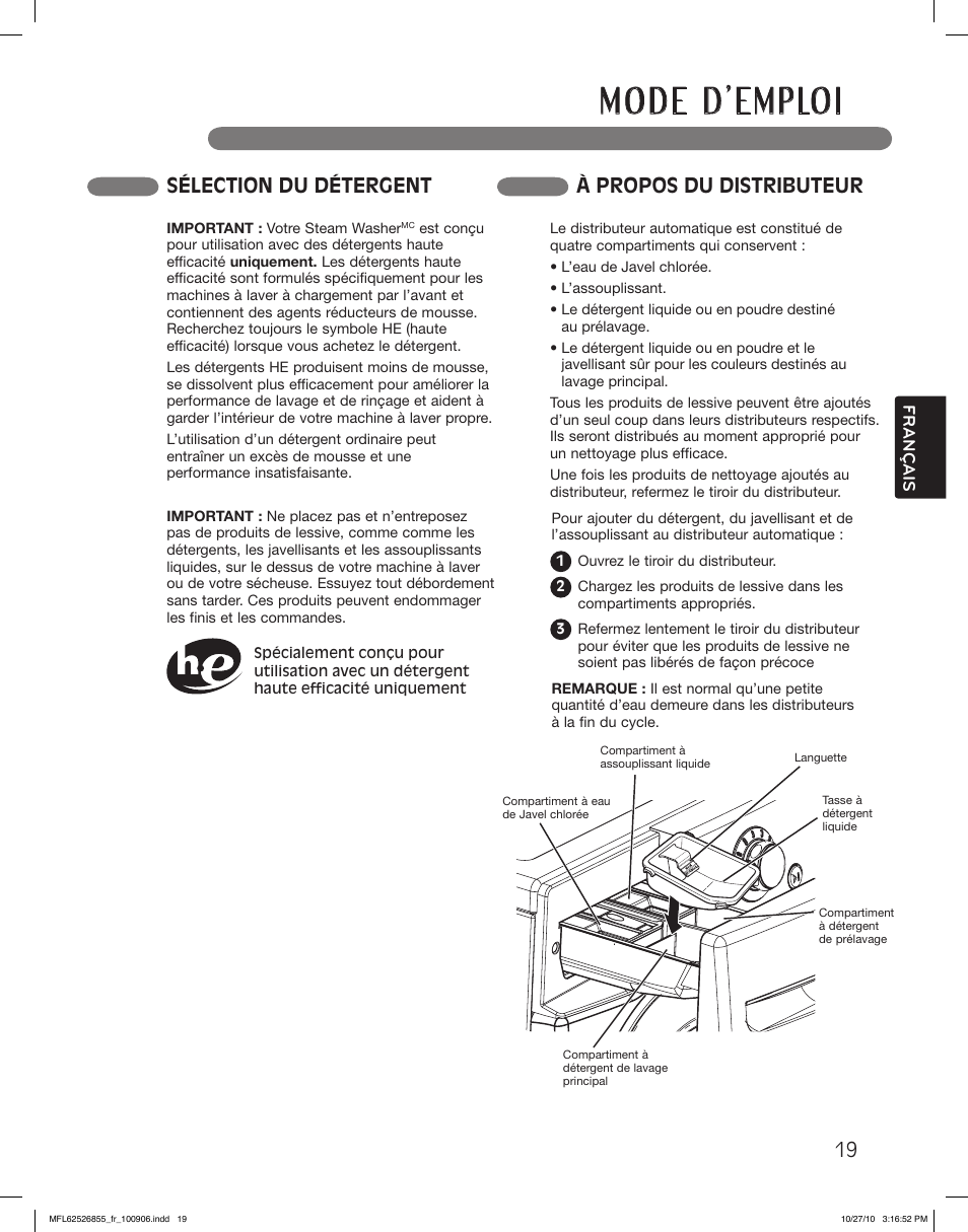 Sélection du détergent à propos du distributeur | LG WM3360HRCA User Manual | Page 91 / 108