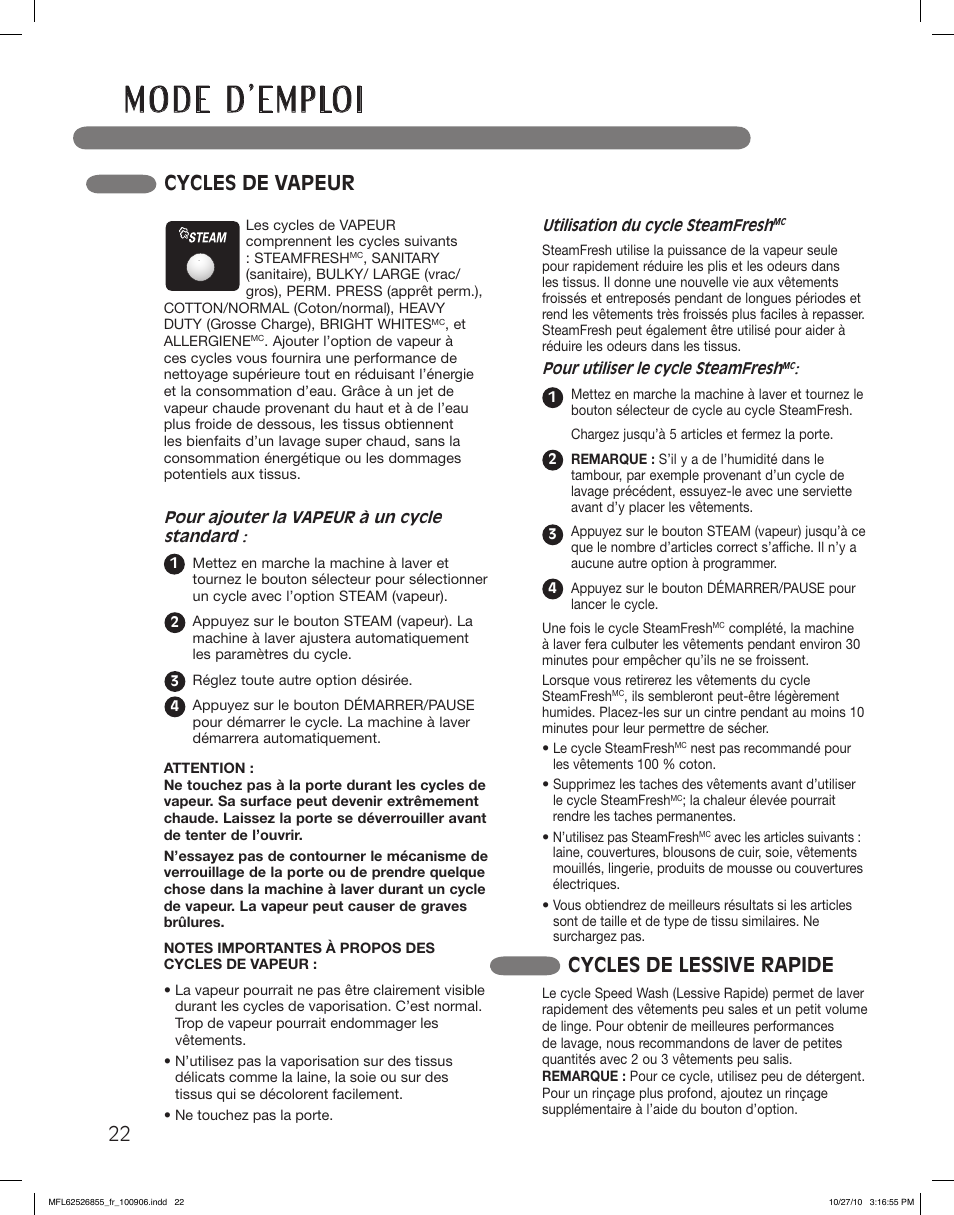 Cycles de vapeur cycles de lessive rapide | LG WM3360HRCA User Manual | Page 94 / 108