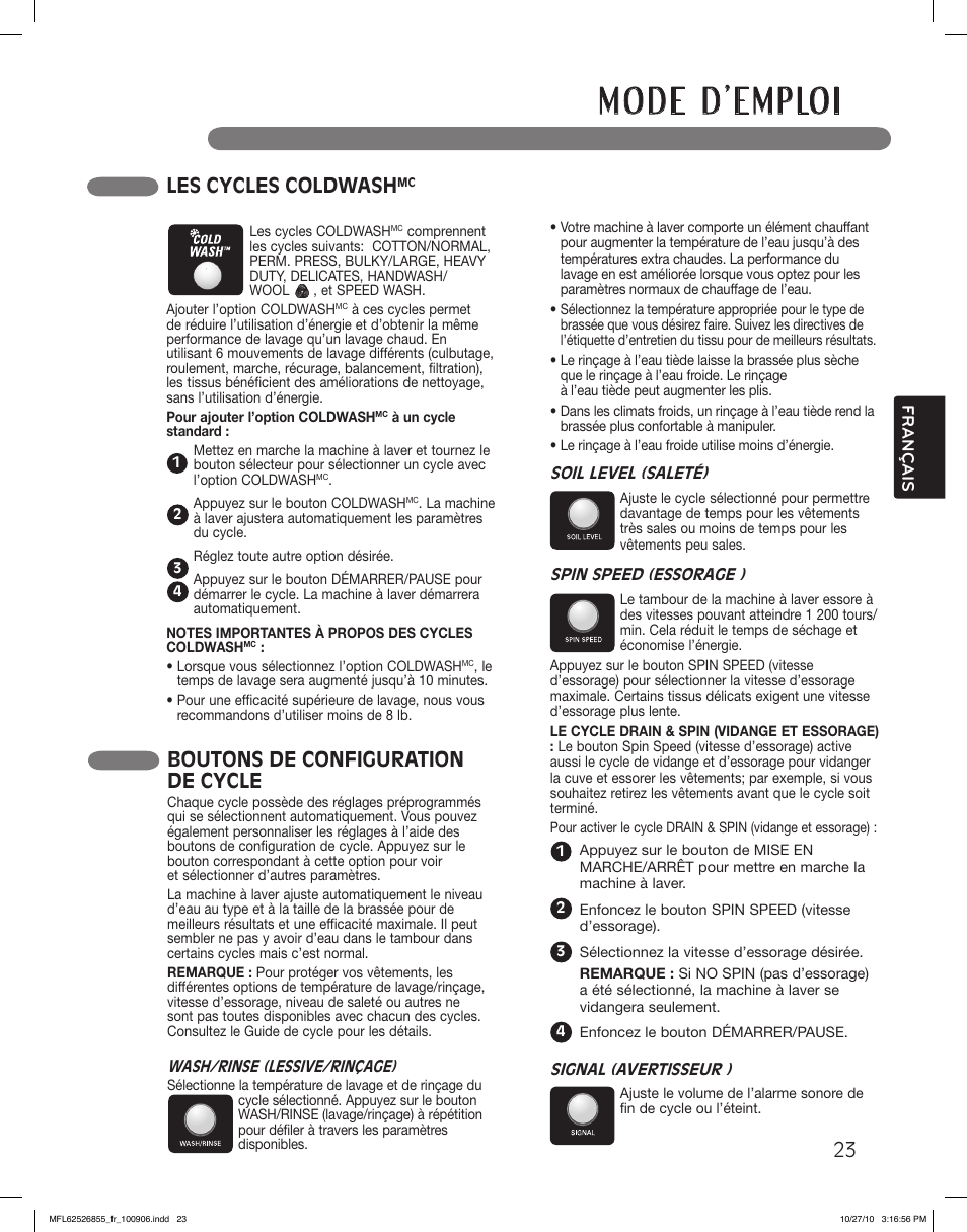 Cycles de lessive rapide, Les cycles coldwash, Boutons de configuration de cycle | LG WM3360HRCA User Manual | Page 95 / 108