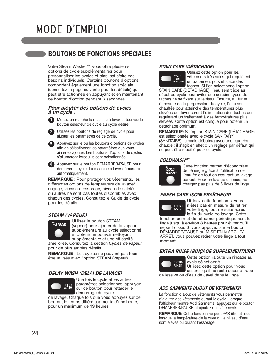 Boutons de fonctions spéciales | LG WM3360HRCA User Manual | Page 96 / 108