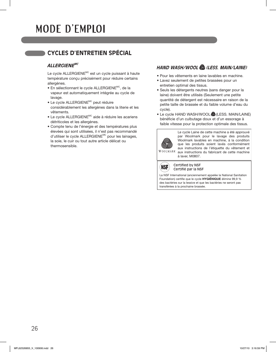 Cycles d’entretien spécial | LG WM3360HRCA User Manual | Page 98 / 108