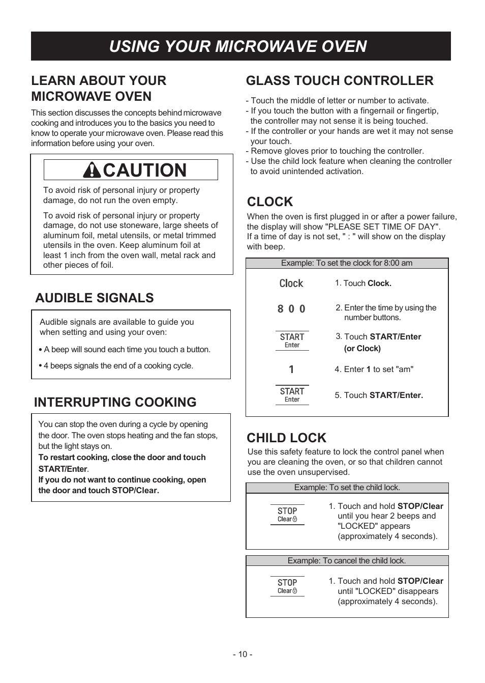 Caution, Using your microwave oven, Learn about your microwave oven | Glass touch controller, Clock, Child lock, Audible signals, Interrupting cooking | LG LMV2031SB User Manual | Page 10 / 32