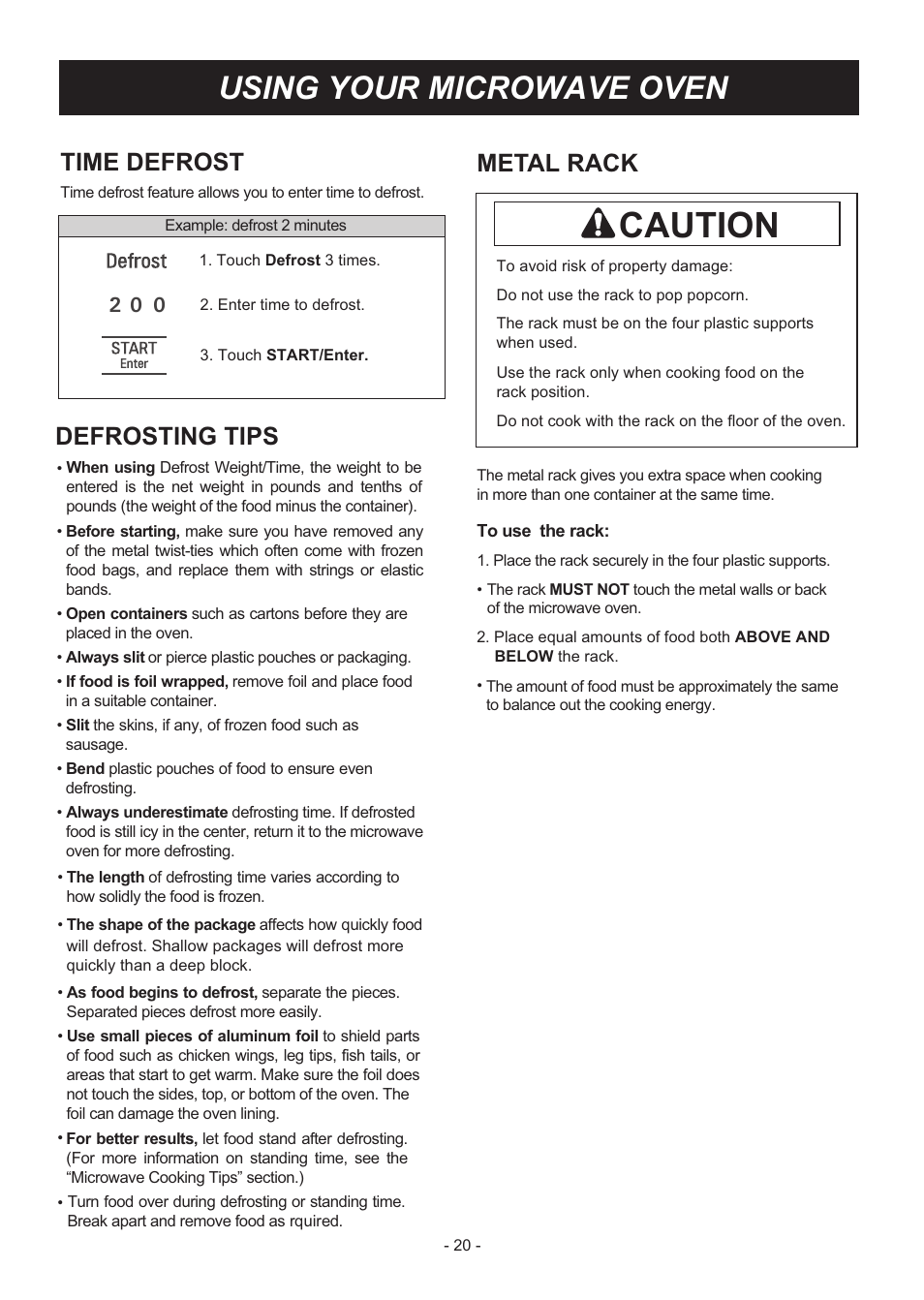 Caution, Using your microwave oven, Defrosting tips | Metal rack, Time defrost | LG LMV2031SB User Manual | Page 20 / 32