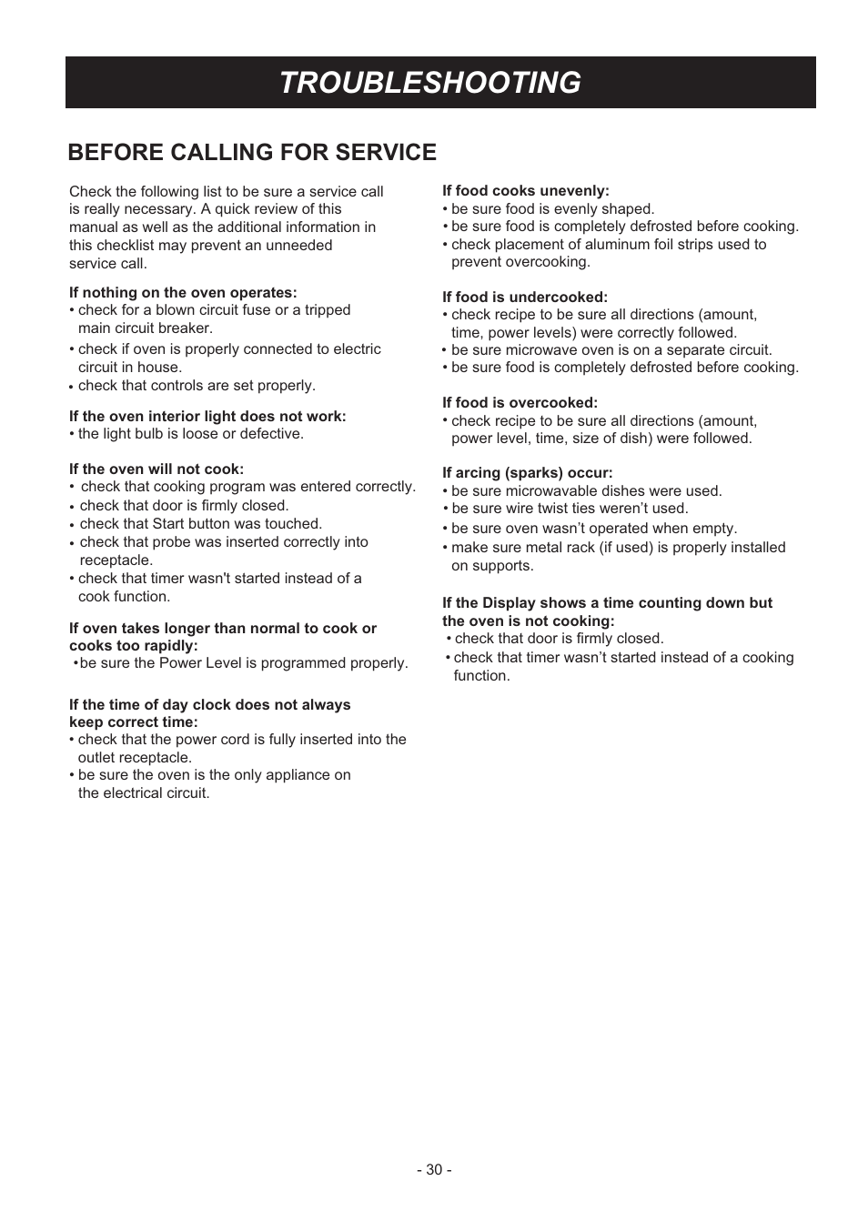 Troubleshooting, Before calling for service | LG LMV2031SB User Manual | Page 30 / 32