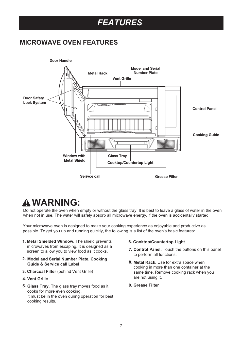 Warning, Features, Microwave oven features | LG LMV2031SB User Manual | Page 7 / 32