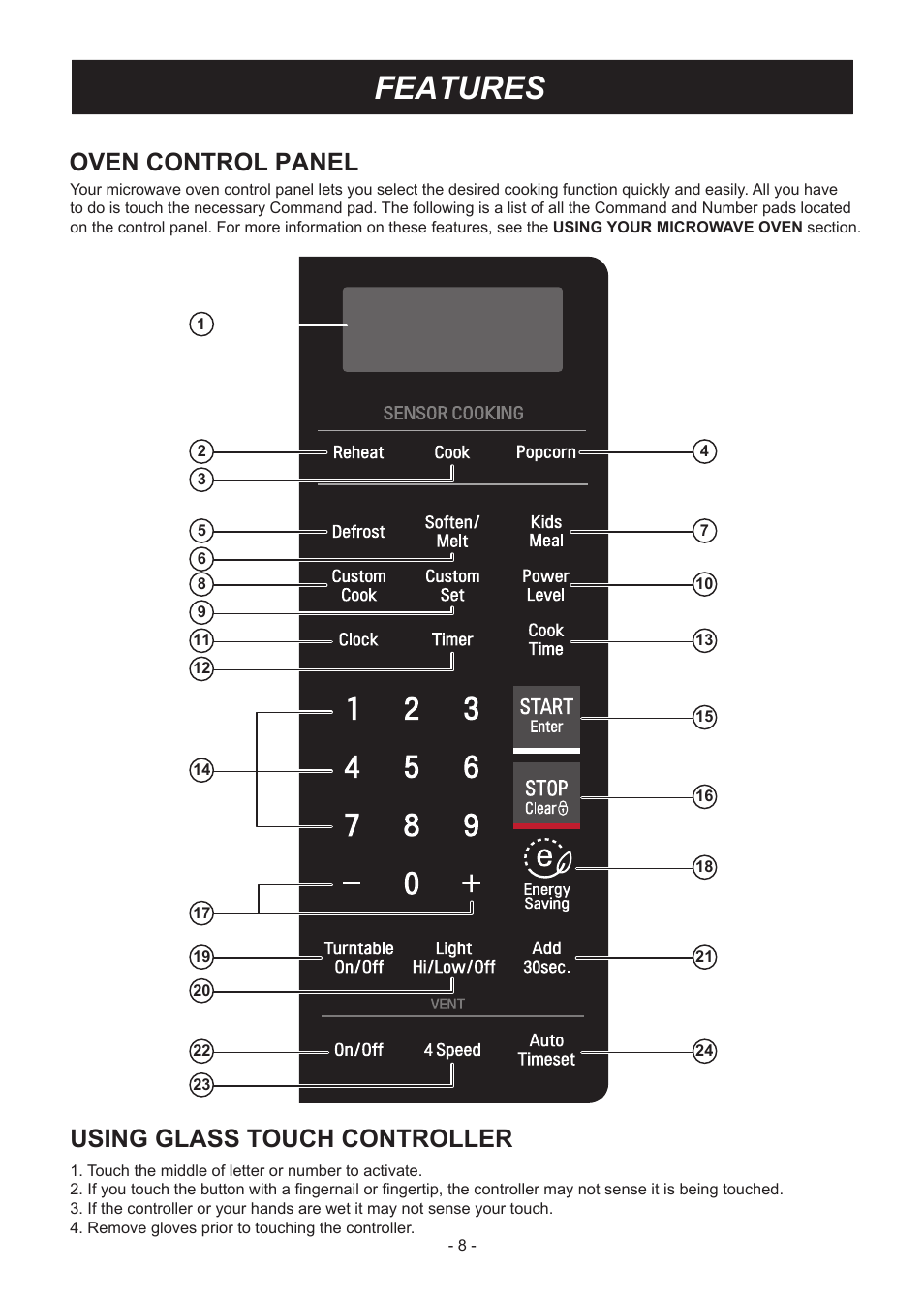 Features, Using glass touch controller, Oven control panel | LG LMV2031SB User Manual | Page 8 / 32