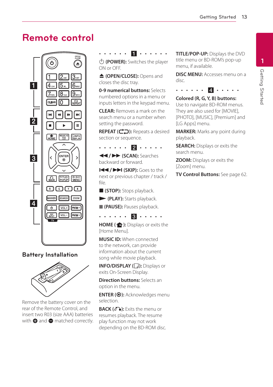 Remote control | LG BD690 User Manual | Page 13 / 76