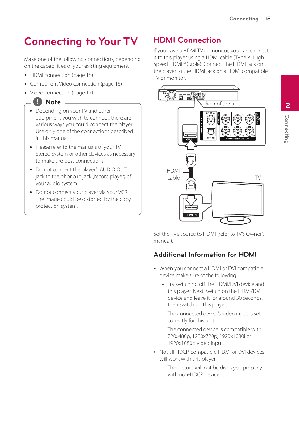 2 connecting, Connecting to your tv, Hdmi connection | 15 – hdmi connection | LG BD690 User Manual | Page 15 / 76