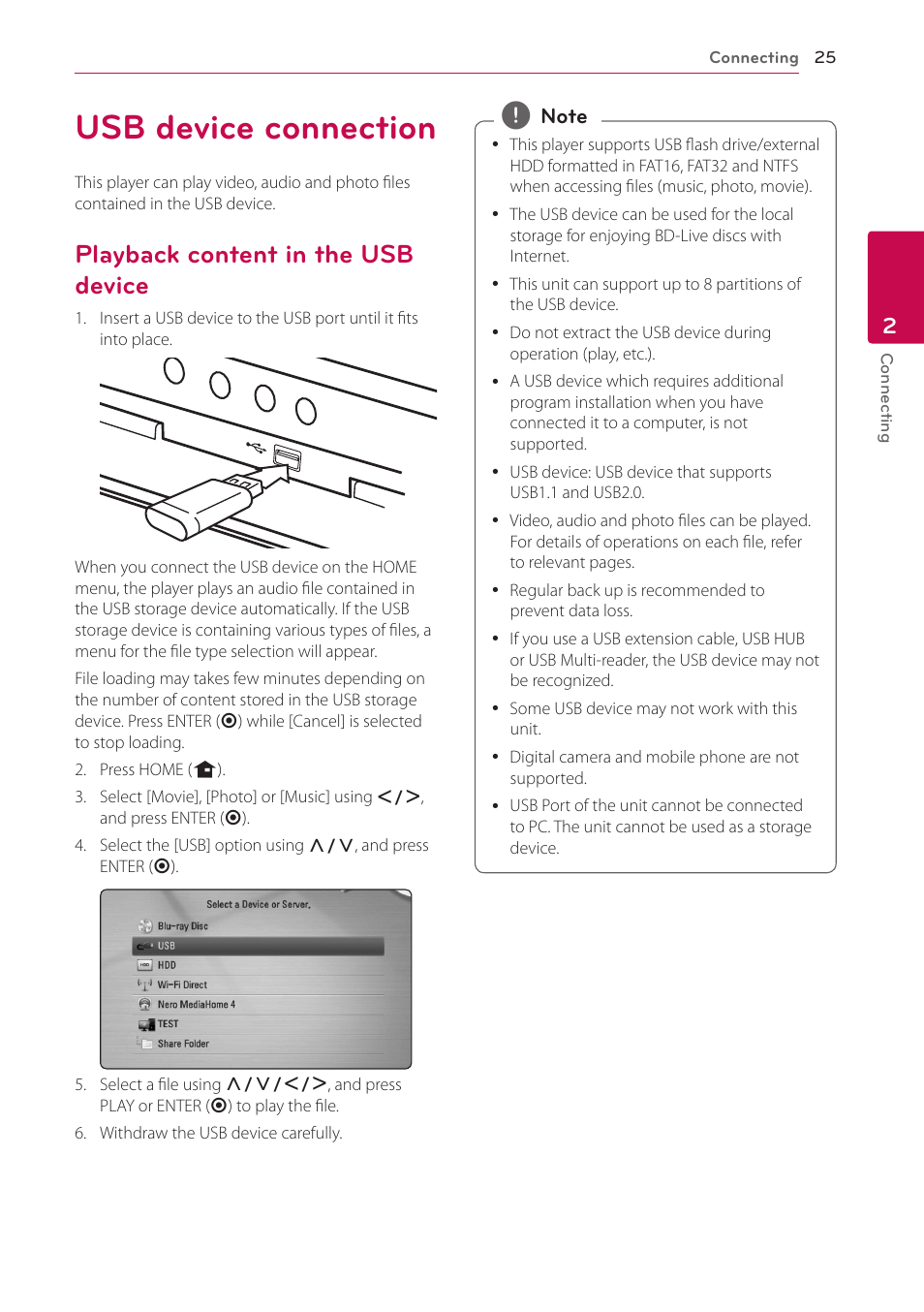 Usb device connection, Playback content in the usb device | LG BD690 User Manual | Page 25 / 76