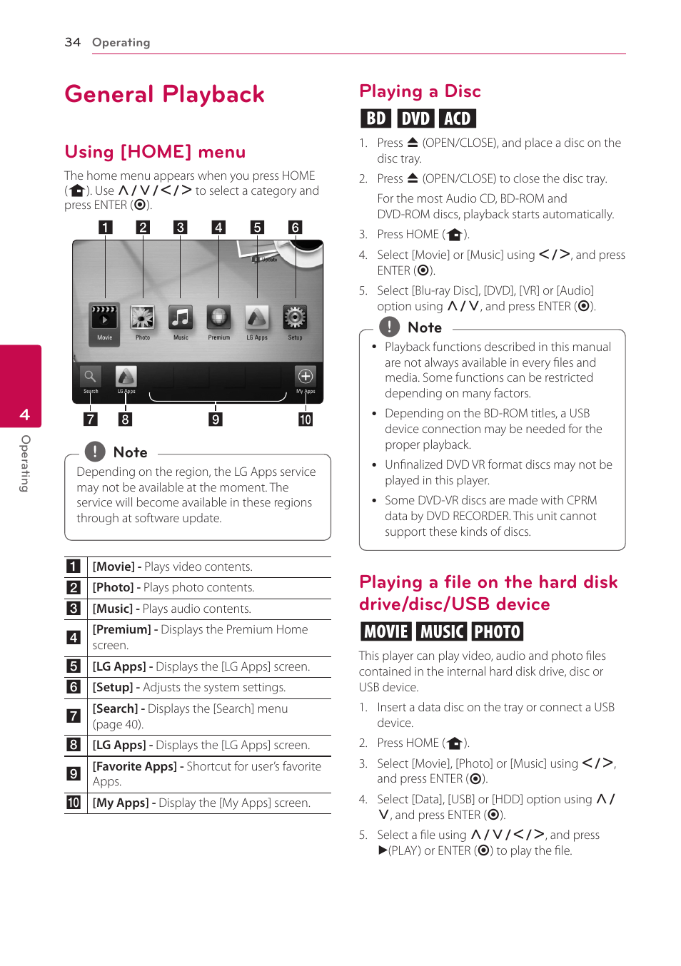 4 operating, General playback, Using [home] menu | Playing a disc, Disc/usb device, Playing a disc ert | LG BD690 User Manual | Page 34 / 76