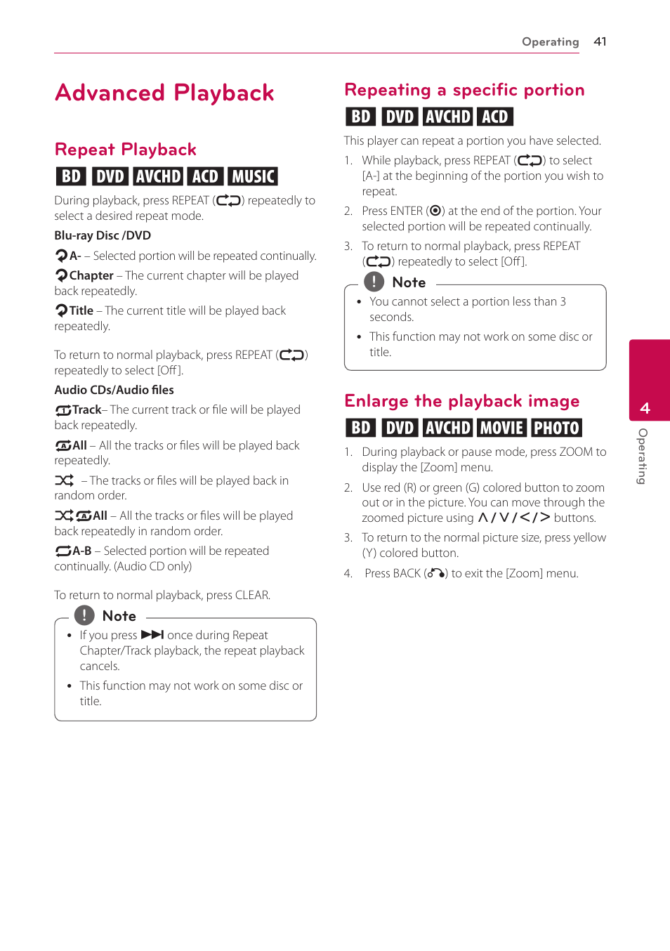Advanced playback, Repeat playback, Repeating a specific portion | Enlarge the playback image, Repeat playback erotu, Repeating a specific portion erot, Enlarge the playback image eroyi | LG BD690 User Manual | Page 41 / 76