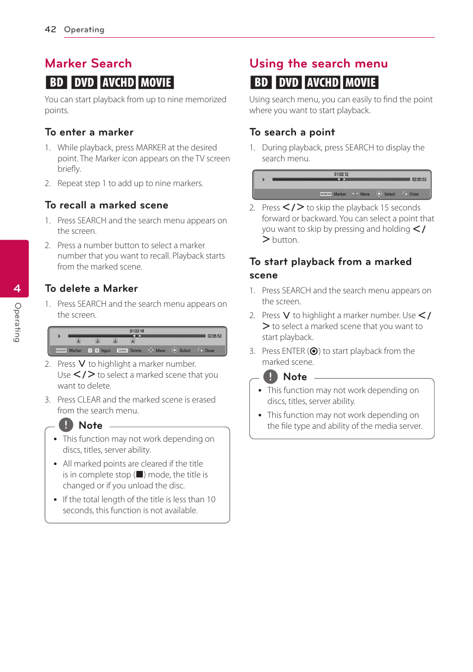 Marker search, Using the search menu, 42 – marker search 42 – using the search menu | Marker search eroy, Using the search menu eroy | LG BD690 User Manual | Page 42 / 76