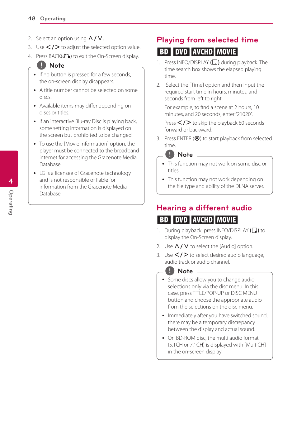 Playing from selected time, Hearing a different audio, Playing from selected time eroy | Hearing a different audio eroy | LG BD690 User Manual | Page 48 / 76