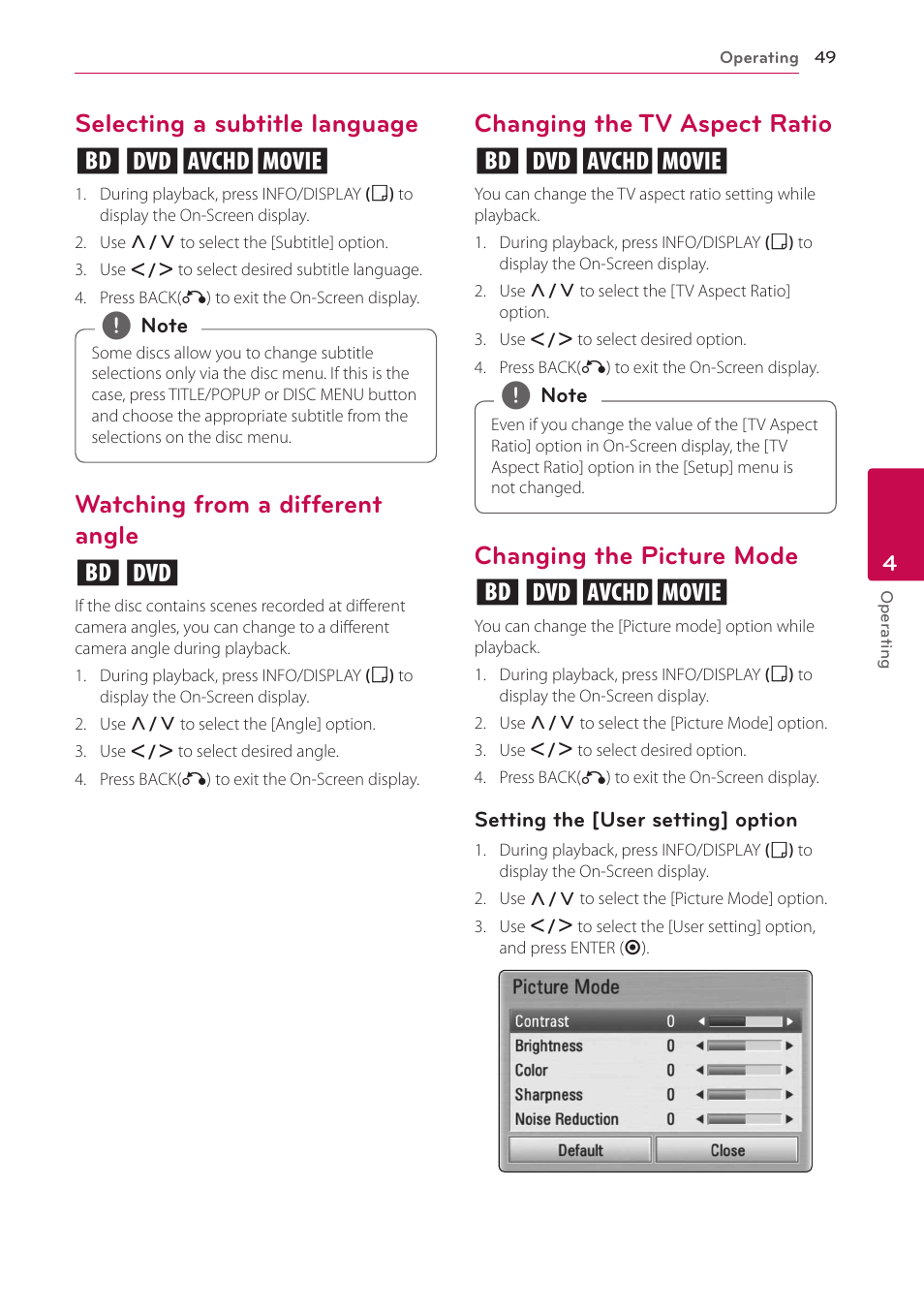 Selecting a subtitle language, Watching from a different angle, Changing the tv aspect ratio | Changing the picture mode, Selecting a subtitle language eroy, Watching from a different angle er, Changing the tv aspect ratio eroy, Changing the picture mode eroy | LG BD690 User Manual | Page 49 / 76