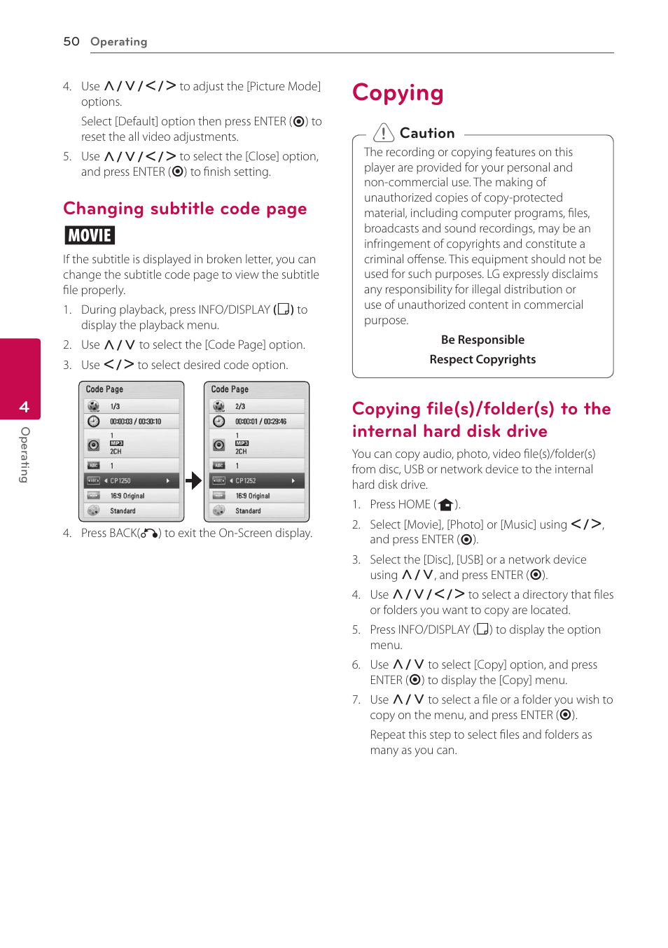 Copying, Hard disk drive, Changing subtitle code page y | LG BD690 User Manual | Page 50 / 76