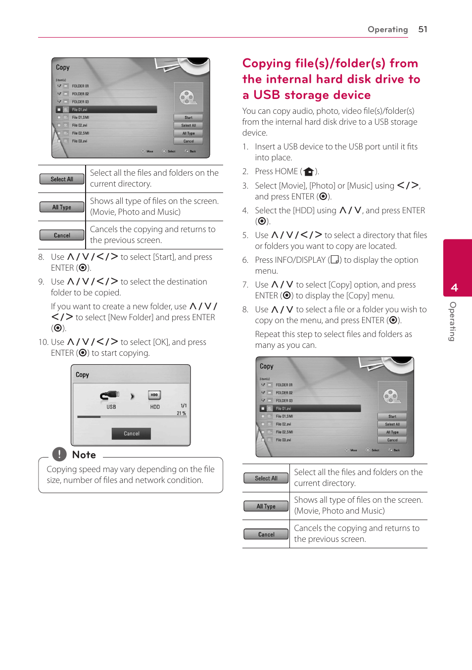 51 – copying file(s)/folder(s) from the, Internal hard disk drive to a usb storage device | LG BD690 User Manual | Page 51 / 76