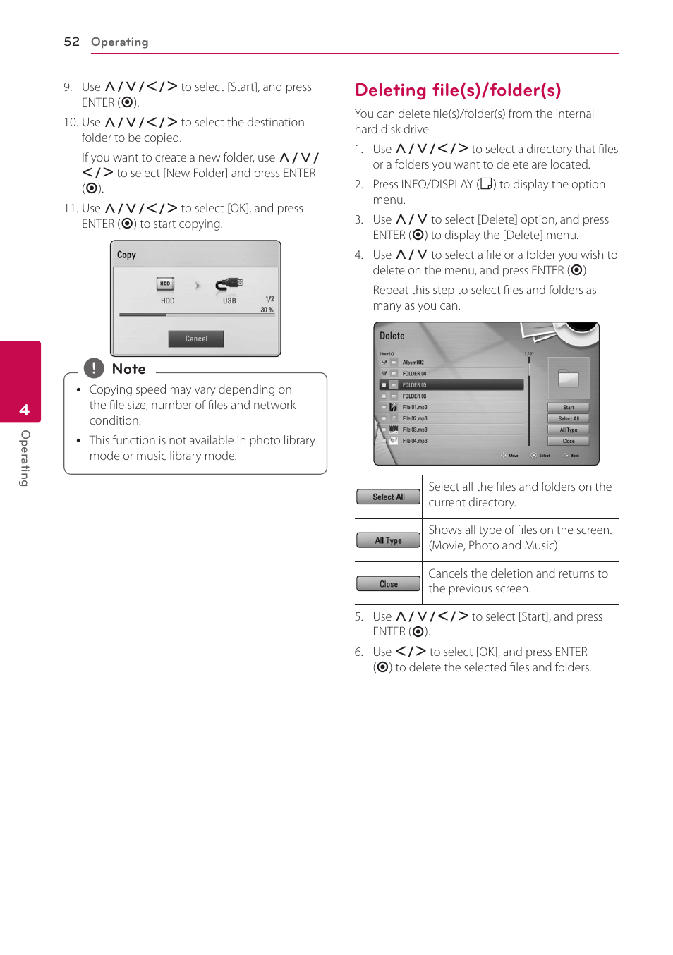 Deleting file(s)/folder(s), 52 – deleting file(s)/folder(s) | LG BD690 User Manual | Page 52 / 76