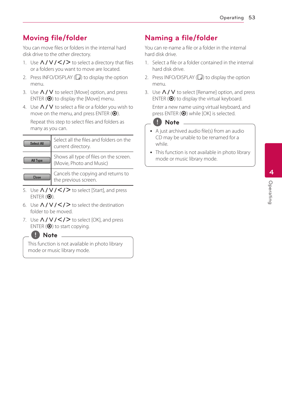 Moving file/folder, Naming a file/folder, 53 – moving file/folder 53 – naming a file/folder | LG BD690 User Manual | Page 53 / 76