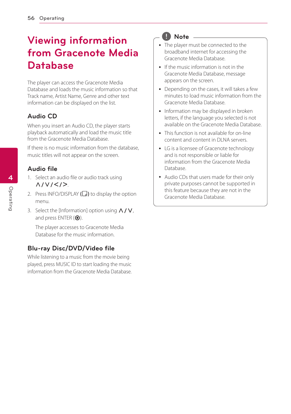 Viewing information from gracenote media database, 56 viewing information from gracenote, Media database | LG BD690 User Manual | Page 56 / 76