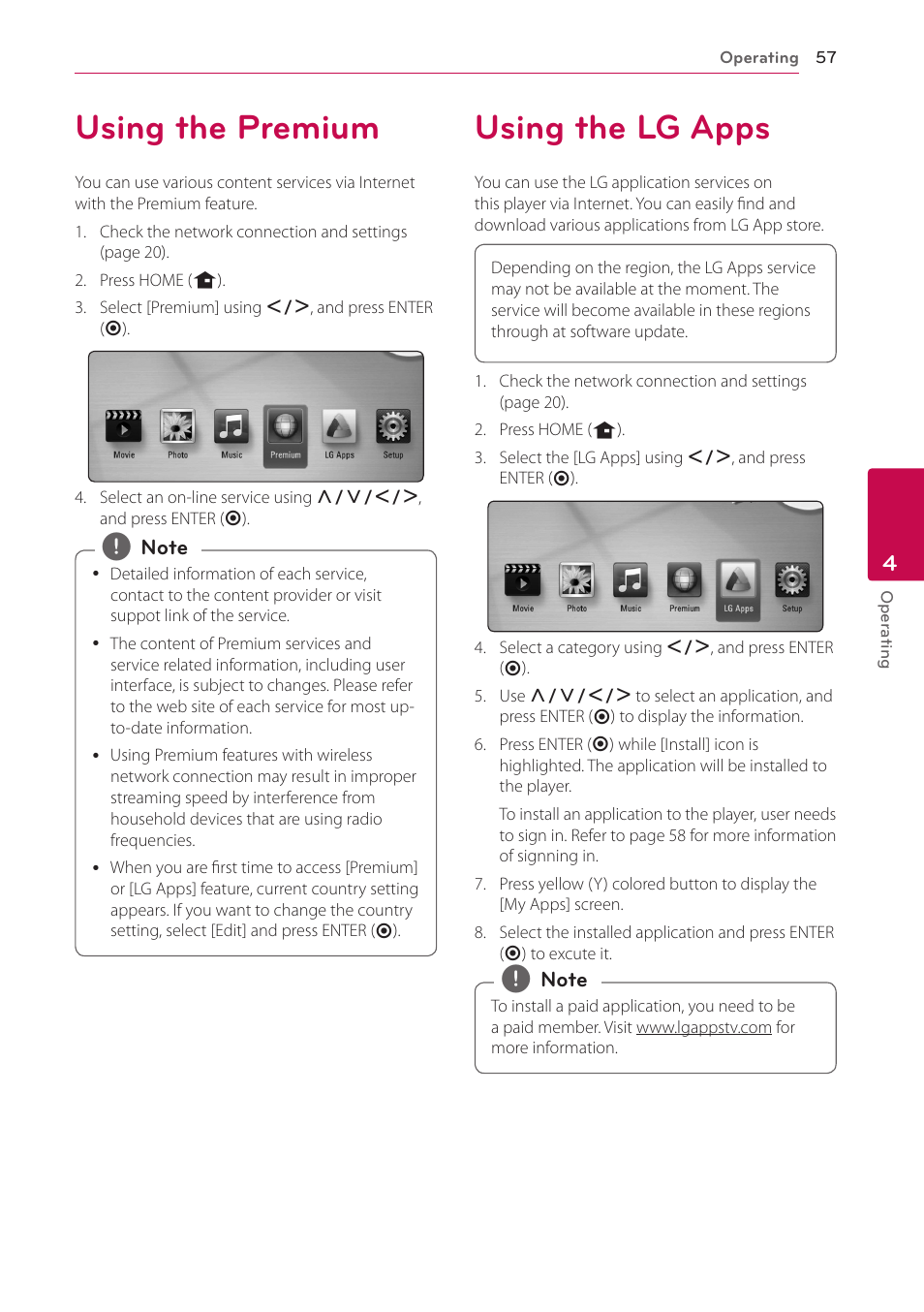 Using the premium, Using the lg apps, 57 using the premium 57 using the lg apps | LG BD690 User Manual | Page 57 / 76