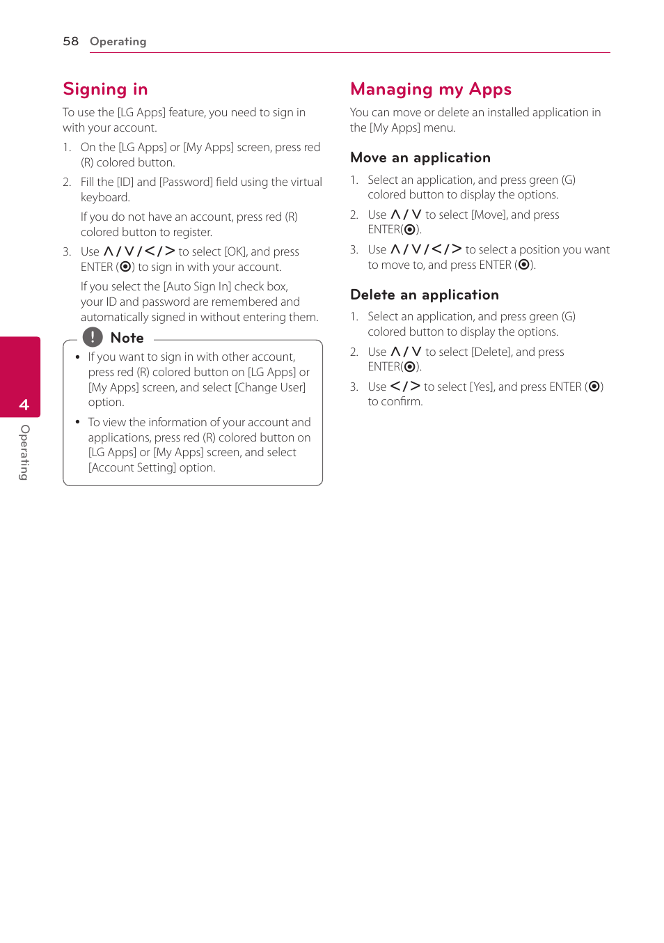 Signing in, Managing my apps, 58 – signing in 58 – managing my apps | LG BD690 User Manual | Page 58 / 76