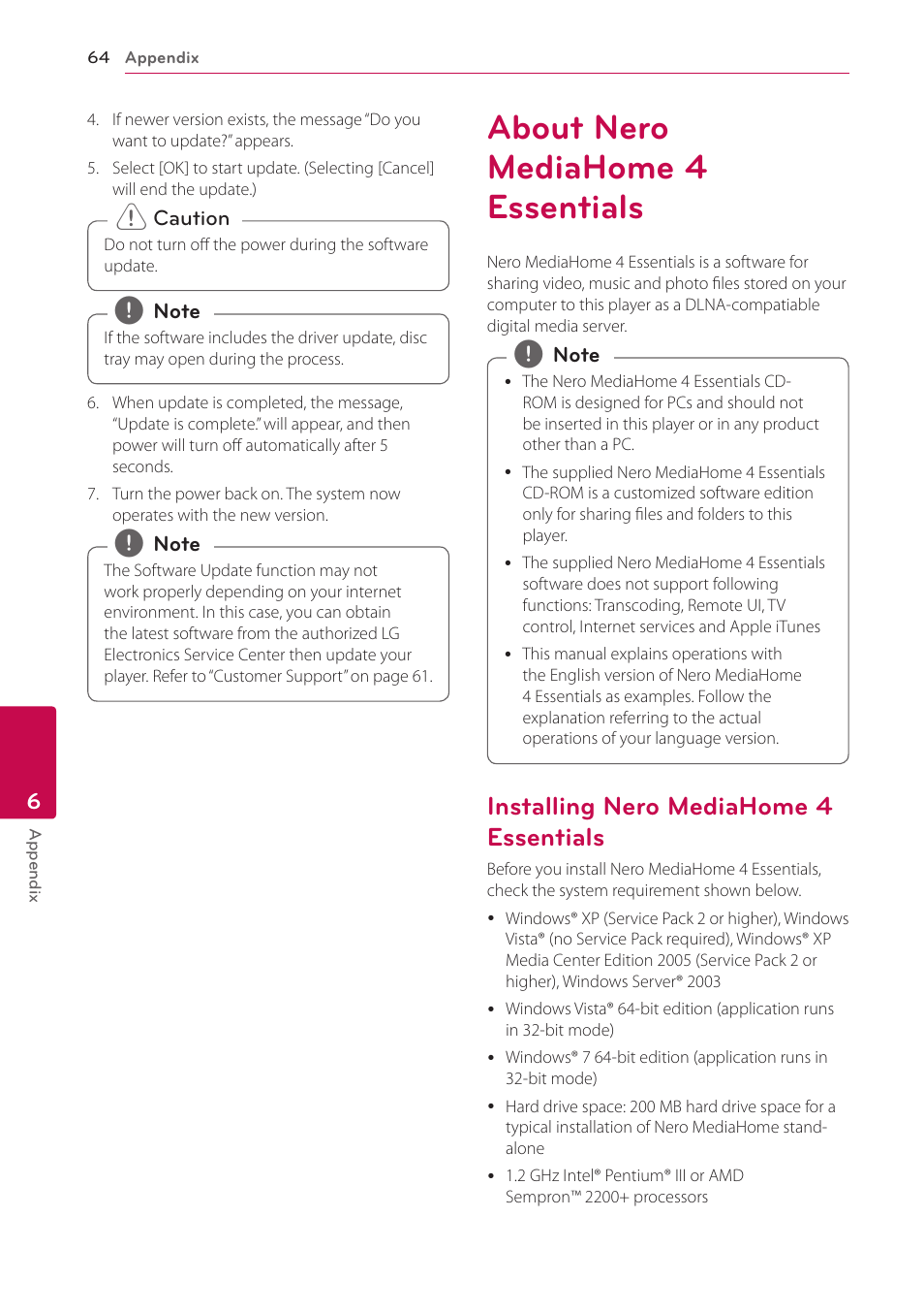 About nero mediahome 4 essentials, Installing nero mediahome 4 essentials, Essentials | LG BD690 User Manual | Page 64 / 76