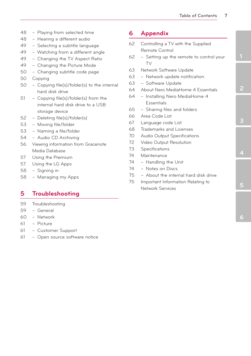 5 troubleshooting, 6 appendix | LG BD690 User Manual | Page 7 / 76