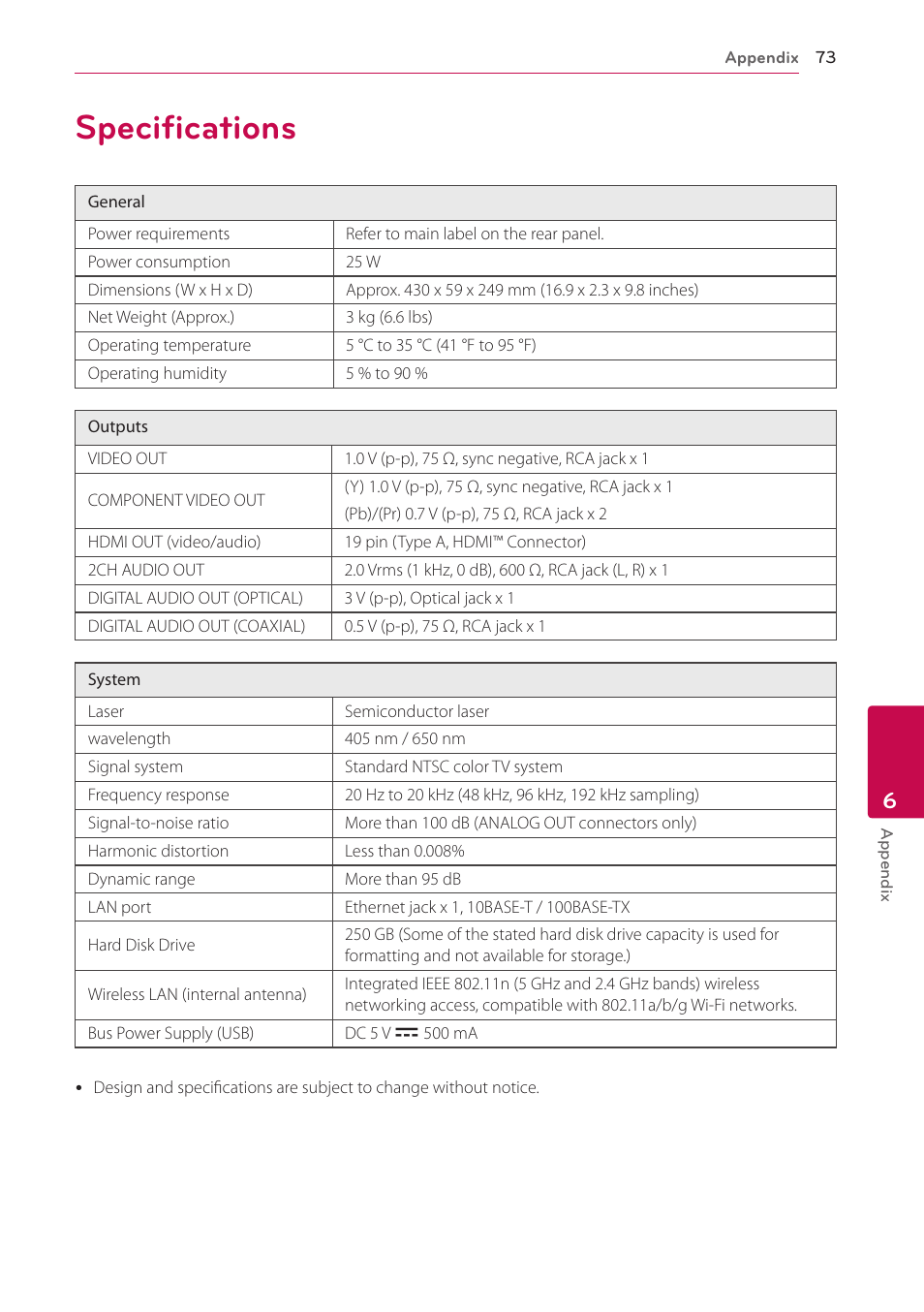 Specifications, 73 specifications | LG BD690 User Manual | Page 73 / 76