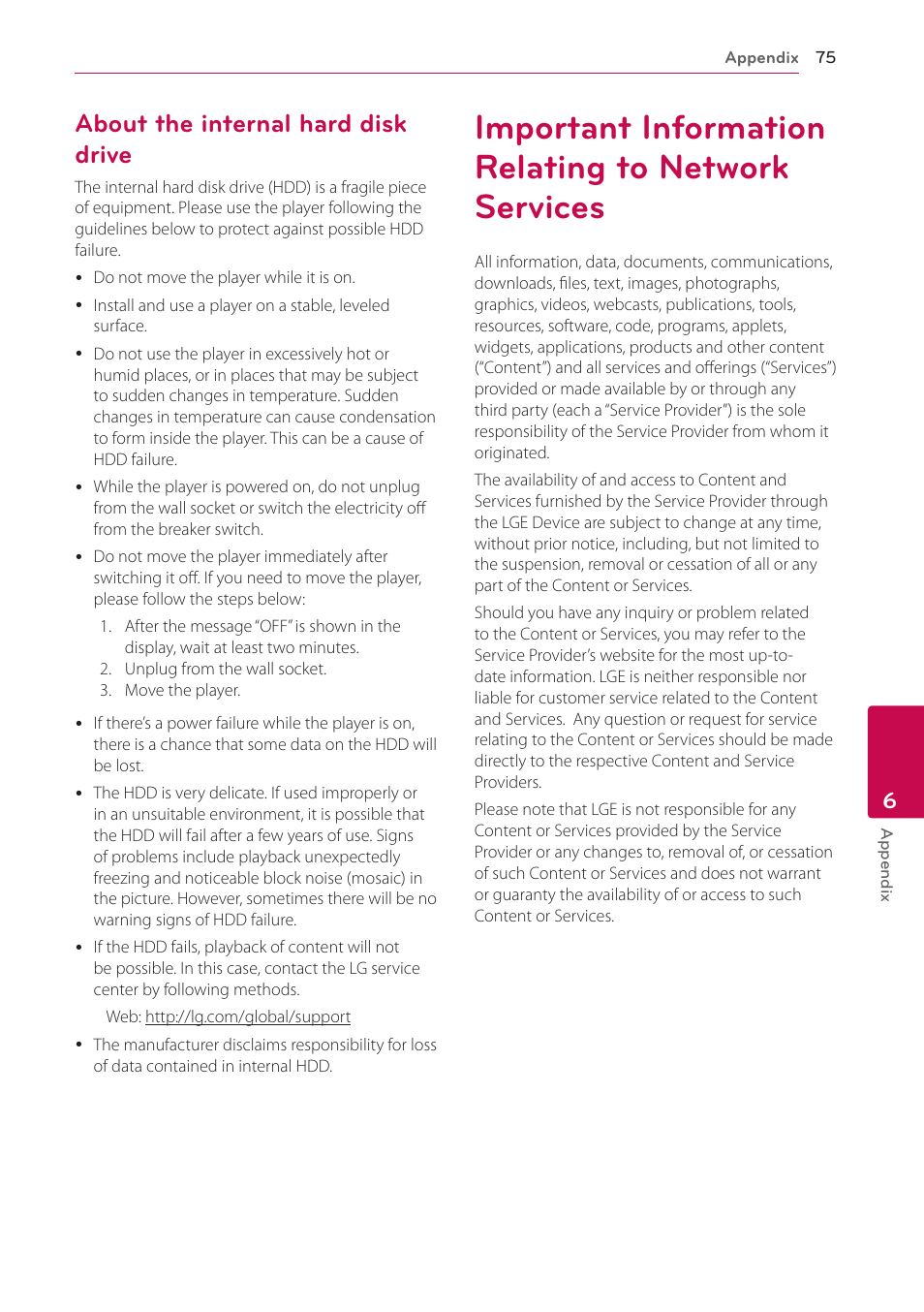 About the internal hard disk drive, Important information relating to network services, Network services | LG BD690 User Manual | Page 75 / 76