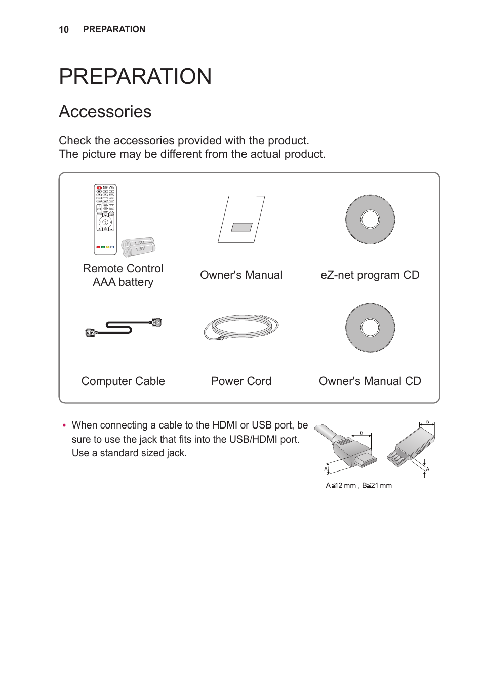 Preparation, Accessories | LG BG630 User Manual | Page 10 / 69