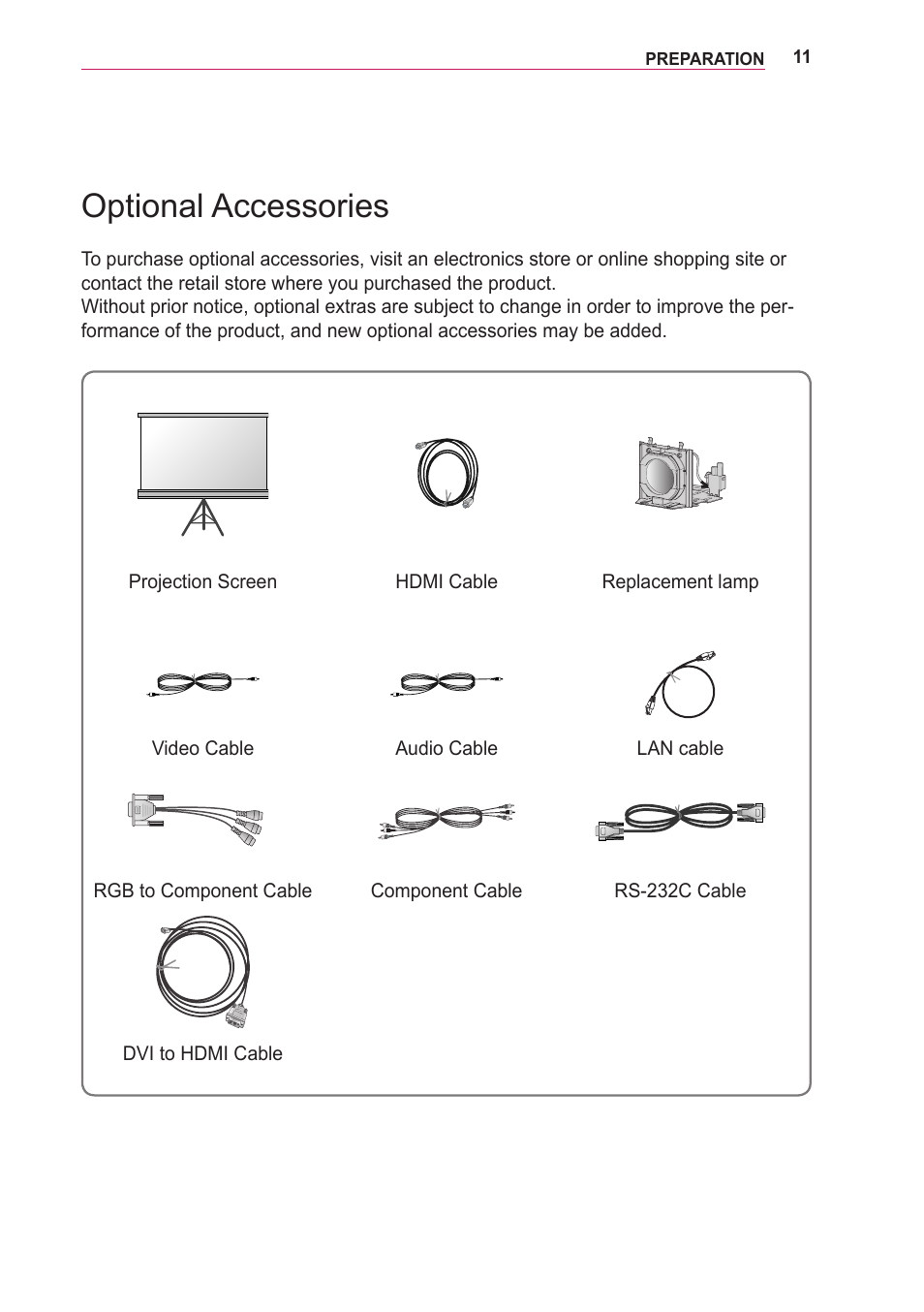Optional accessories | LG BG630 User Manual | Page 11 / 69