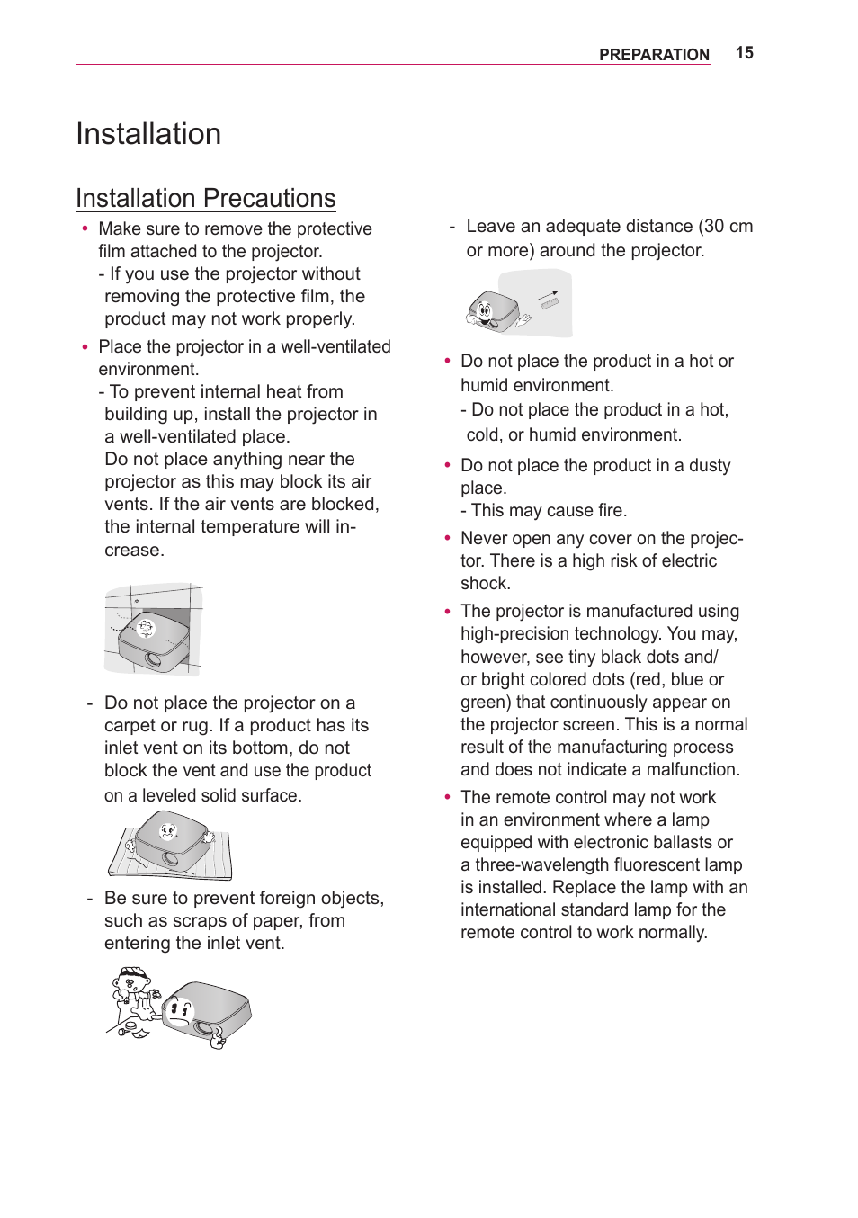 Installation, Installation precautions | LG BG630 User Manual | Page 15 / 69