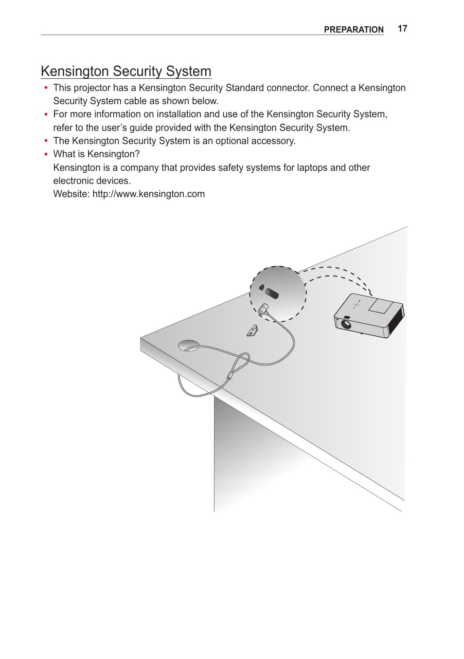 Kensington security system | LG BG630 User Manual | Page 17 / 69