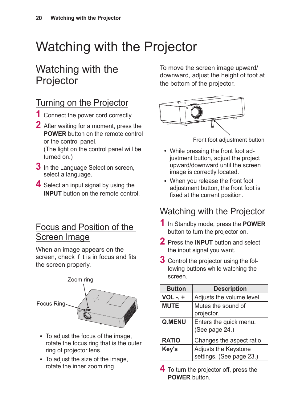 Watching with the projector, Turning on the projector, Focus and position of the screen image | Watching with, The projector, Focus and position of the screen, Image | LG BG630 User Manual | Page 20 / 69