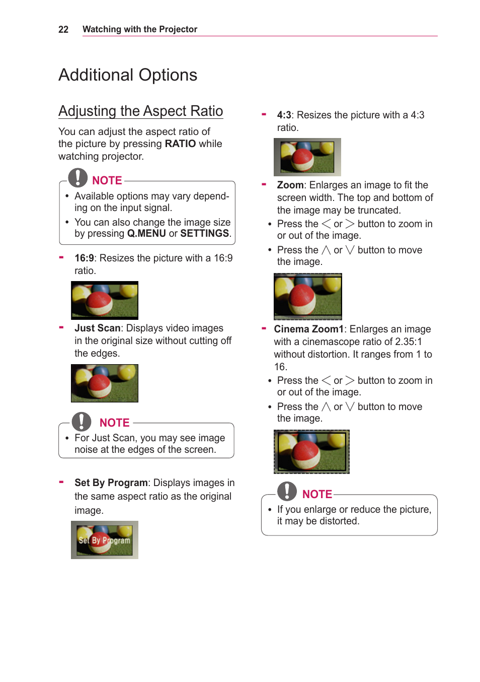 Additional options, Adjusting the aspect ratio | LG BG630 User Manual | Page 22 / 69