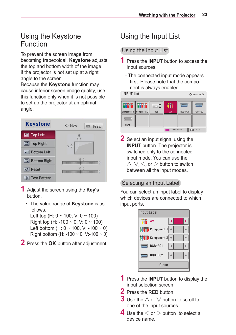 Using the keystone function, Using the input list | LG BG630 User Manual | Page 23 / 69