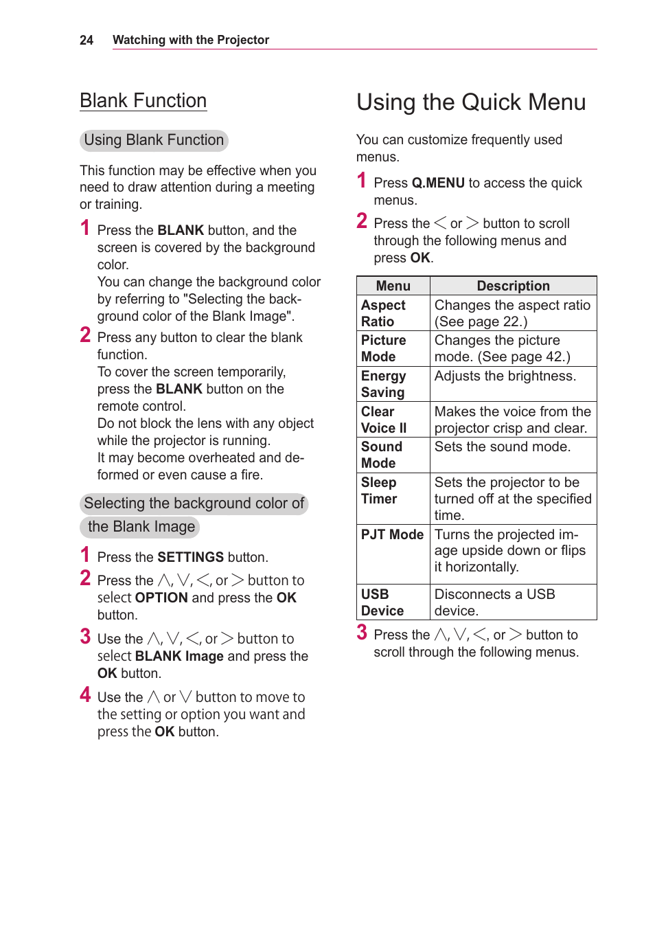 Blank function, Using the quick menu | LG BG630 User Manual | Page 24 / 69
