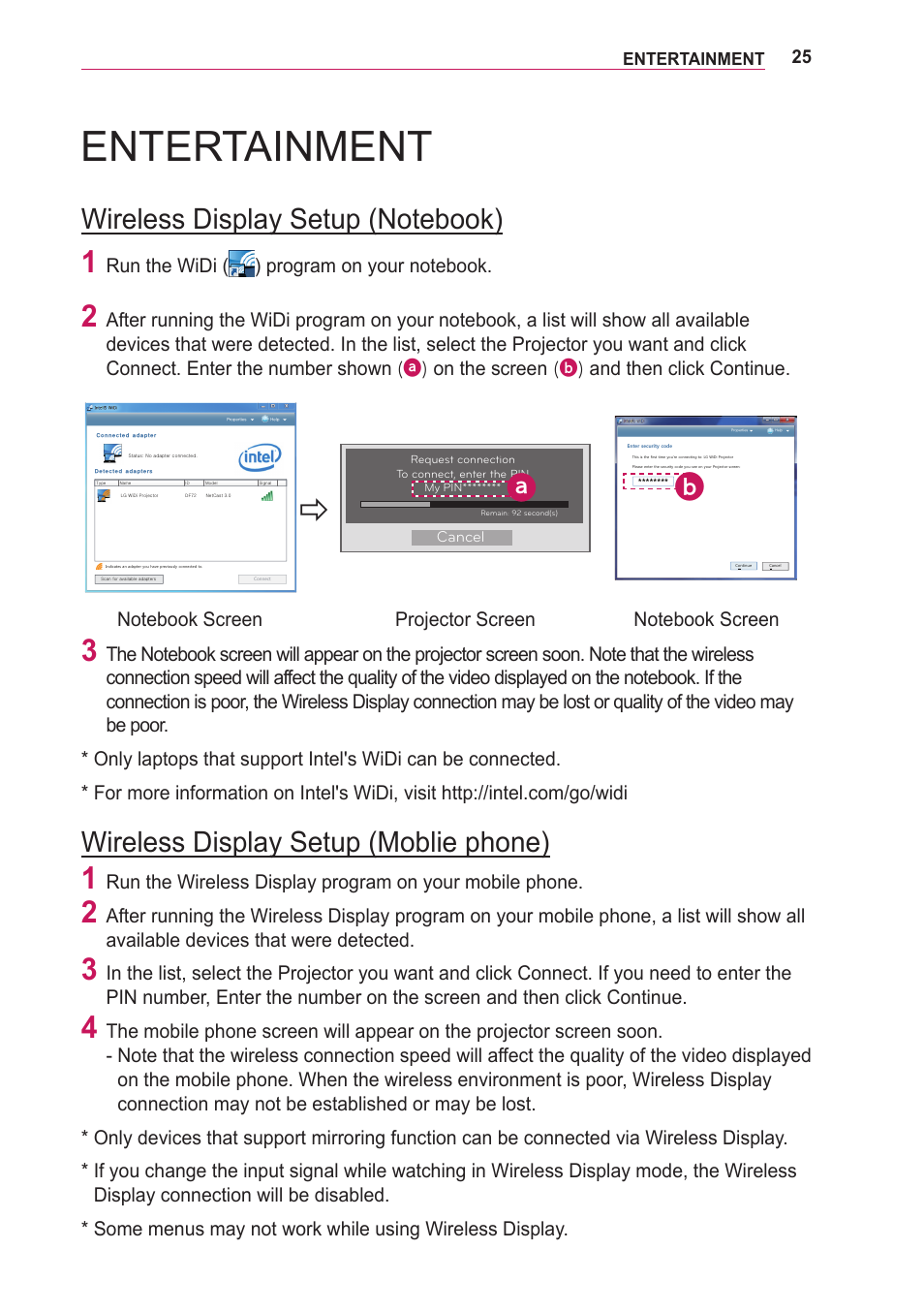 Entertainment, Wireless display setup (notebook), Wireless display setup (moblie phone) | Wireless display setup, Notebook), Moblie phone) | LG BG630 User Manual | Page 25 / 69